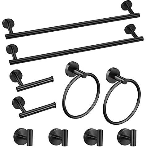 Cilee 10 Piece Matte Black Bathroom Accessories Set, 24inch Black Towel Bar Ring+Toilet Paper Holder+ Robe Towel Hook SUS304 Stainless Steel Bathroon Hardware Set