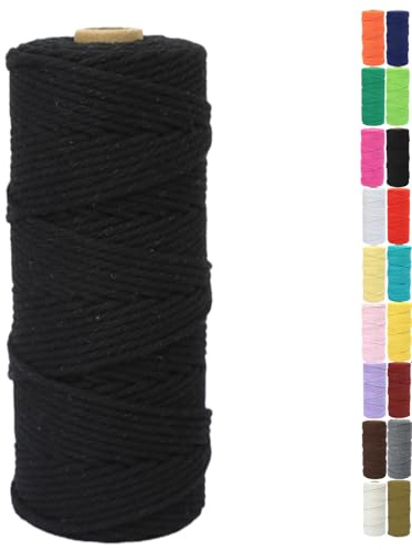 Binwat Natural Macrame Cotton Cord Twine String Colored Cotton Rope Yarn for DIY Crafts Knitting Plant Hangers Christmas Wedding Decor (Black, 2mmx200m)