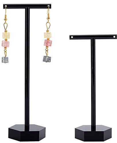 FINGERINSPIRE - Lote de 2 pendientes de acrílico en forma de T con agujeros para pendientes, expositor al por menor de joyas (base hexagonal negra, 2 alturas 14 y 11 cm)