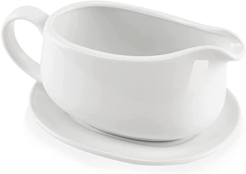 17 OZ Ceramic Gravy Boat and Tray - White Gravy Sauce Boat with Saucer Stand for Dining, Holiday Meals & Parties