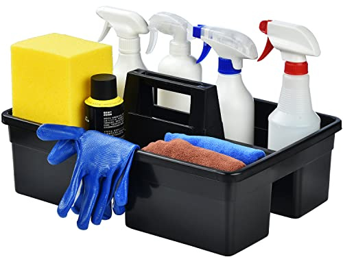 3-Compartment Plastic Cleaning Caddy Basket – Stackable Large Commercial Quality Plastic Tool Organizer Bucket with Handle, Black