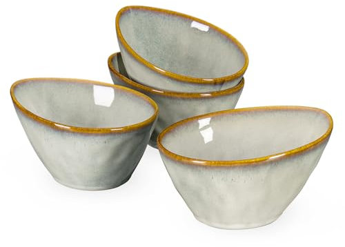 Henten Home Stoneware Pasta Bowls, Set of 4 Soup Plate - 20 OZ, Dessert Bowl, Snack Bowl, Ice Bowl, Soup Bowl Large Bowl 600 ml, Vintage Beige Design