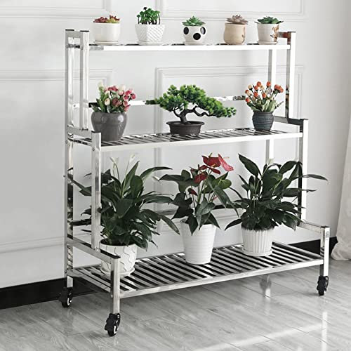DMCHENGMA Pflanzenständer 3 Ebenen Metall Edelstahl Leiterregal Indoor Ecklagerregal Bücherregal mit Rädern, für Garten Balkon Wohnzimmer Display Blumen Pflanzenregal (Size : 120x40x106cm)