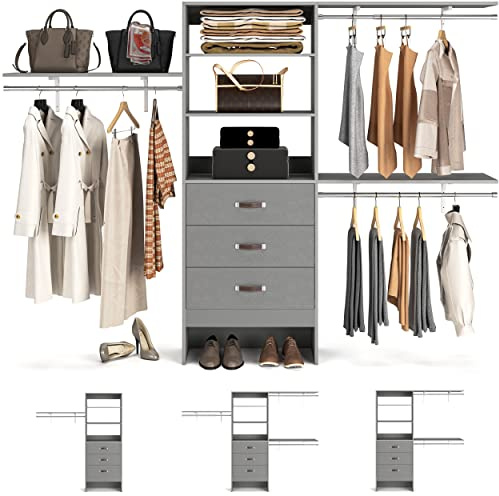 Armocity 96 Inches Closet System, 8FT Walk In Closet Organizer with 3 Shelving Towers, Heavy Duty Clothes Rack with 3 Drawers, Built-In Garment Rack, 96 L x 16 W x 75 H, Max Load 1000 LBS, Grey