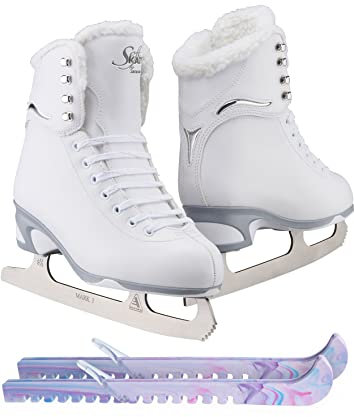 SKATE GURU Jackson Ultima Finesse JS180 Figuren-Schlittschuhe für Damen Bundle mit Guardog Skate Guards/Fleece/Erwachsene 39