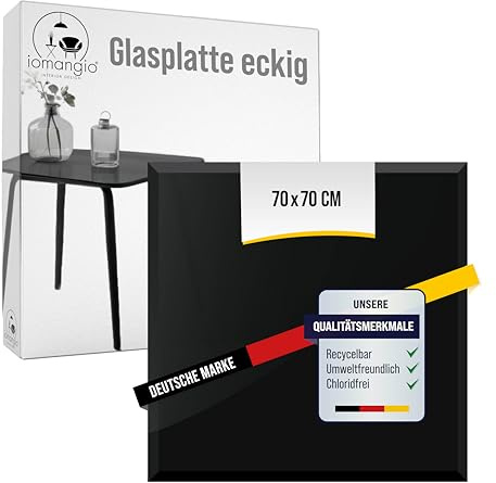 iomangio Glasplatte Eckig 70 x 70 cm – Kratzfeste Tischplatte schwarz | aus gehärtetem ESG-Sicherheitsglas 6 mm dick – Ideal für DIY-Projekte, Couchtische und als Glasplatte für Kaminofen