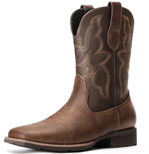 Dixhills Cowboy Boots For Men - Brown Western Boot Men's Cowboy Boots With Square Toe | Cowboy Western Boot | Pull-on Boots| Old West Style Embroidered Size 11