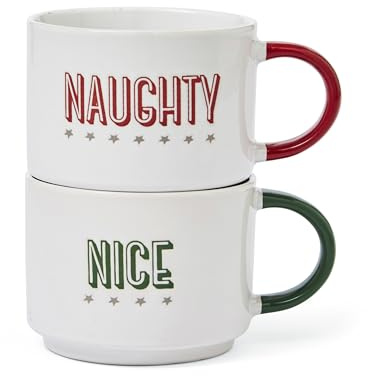 Cooksmart Set di 2 tazze impilabili in ceramica per casa o lavoro, grandi tazze per bevande calde, tazze da tè e caffè, design britannico, Naughty & Nice