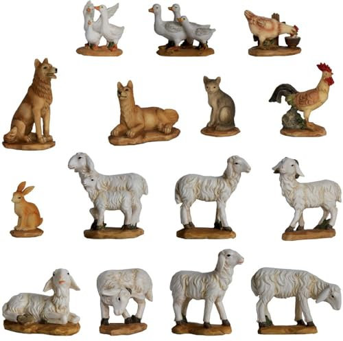 FADEDA 15x Tierset Schafe & Hoftiere/Höhe:6 cm/handbemalt/detailgetreue Krippen Figuren - Weihnachten Tisch Dekoration Krippe Zubehör