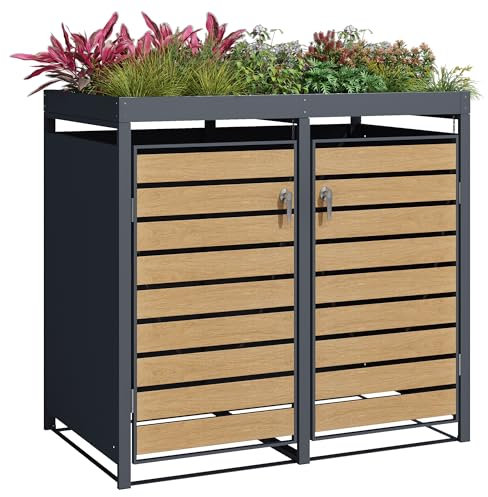 Wheelie Bin Storage with Planter roof, Galvanised Steel Wood Effect (Double)