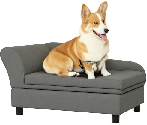 PawHut Pet Sofa, Dog Couch, Elevated Pet Bed for Small Dogs, with Hidden Storage, Soft Tufted Cushion, Gray