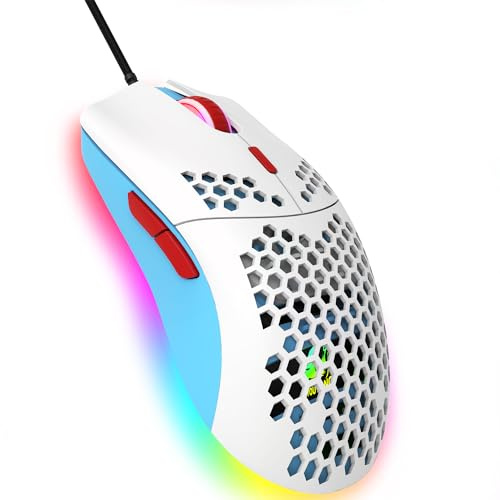 Hoopond Wired Gaming Mouse, 6 RGB Lighting 6400 DPI Programmable USB Gaming Mice with 6 buttons, Honeycomb Shell Ergonomic Design for PC Gamers and Xbox and PS4 Users -White Blue