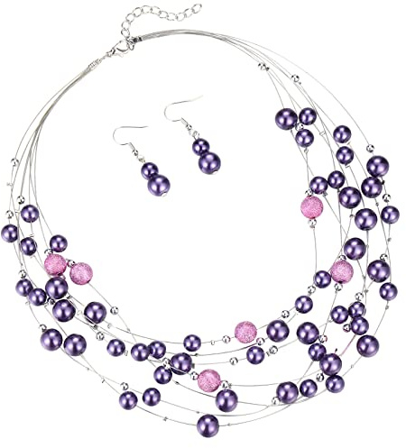 FULU AUTUMN Boho Perlenkette Damen Silber Statement Kette Mehrreihige Modeschmuck Geburtstagsgeschenk für Frauen