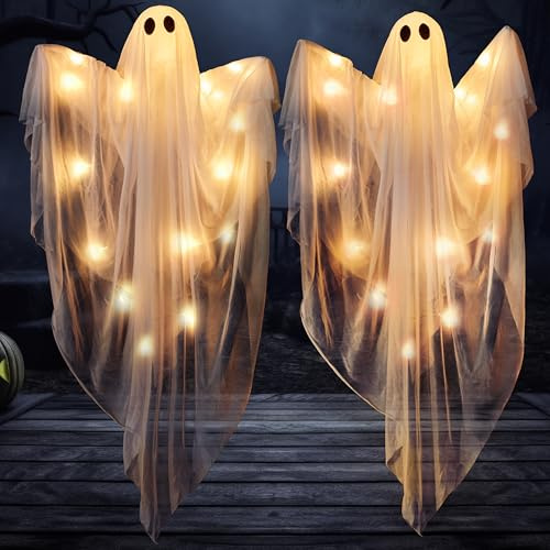 JOYIN 2 Stück 90,2 cm große Halloween-Dekoration zum Aufhängen mit warmem LED-Licht, Halloween-Fliegende Geister für Spukhaus, Requisite, Vorgarten, Terrasse, Party-Dekoration, Innen-