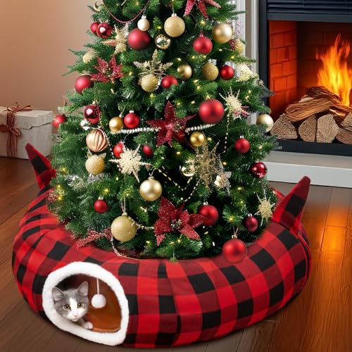 OurWarm Katzentunnel mit Weihnachtsbaumrock, Katzenbetten für Indoor-Katzen mit hängendem Ball, Büffelkariert, Weihnachtsdekorationen, Katzenhöhle für Katzen und Kleintiere, Innen- und