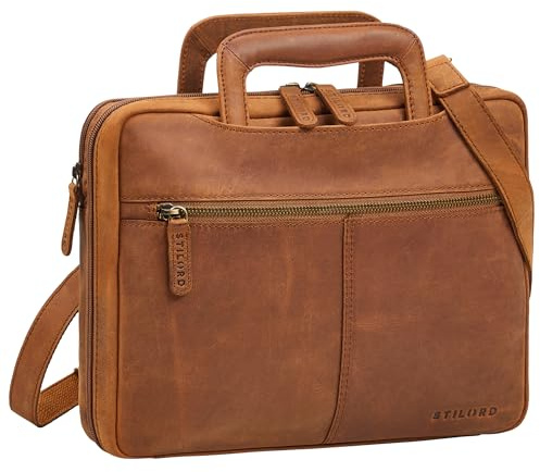 STILORD Connell 13.3 Pouces Sacoche Ordinateur Cuir Porte Document Homme Sac de Travail Etroit Vintage Housse Tablette Conferencier A4 Cuir Veritable Couleur:Tan - Marron - Scuro