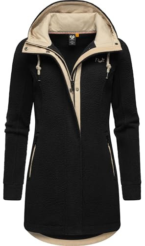 Ragwear Damen warme Teddyjacke lang Fleecemantel mit Kapuze Letti Teddy-Fleece YOUMODO Black Gr. XXL