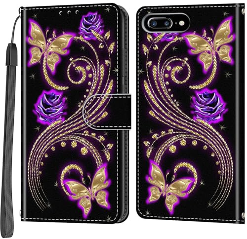 Salanheo Wallet Case for iPhone 7 Plus / 8 Plus, Golden butterfly | Card Slots, Kickstand, Shockproof, Magnetic Closure, PU Leather, Flip Wallet Book, Lanyard Strap