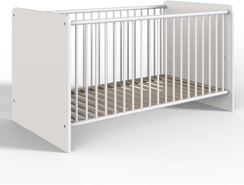 Lomadox Babyzimmer Gitterbett Babybett Bett mit Schlupfsprossen 70x140cm in weiß modern