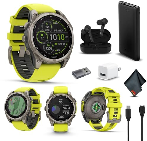 Garmin Fenix 8 47MM Solar Sapphire Multisport GPS Smartwatch Titanium with Amp Yellow Silicone Band, 48 Days Battery Life, Built-in LED Flashlight, Fitness & Health Smart Watch Bundle for Men & Women