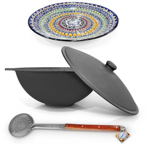 ZARENHOFF Set – Uzbeko Hierro fundido Kazan 22 L Ø 52,7 cm Base Redonda Tapa Aluminio Fundido Espumadera 64 cm Lagan 42 cm Uzbeko Plov Olla WOK Ljagan Namangan Asia (Set – 630)