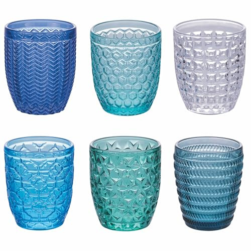 Villa d'Este Home Tivoli Set 6 bicchieri acqua 320 ml in vetro colorato trasparente, superficie lavorata, Geometrie Ocean
