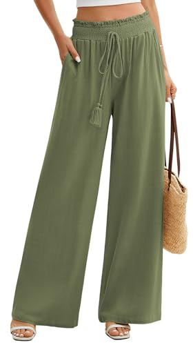 PASUDA Pantalones Mujer Verano Pantalon Ancho de Lino y Algodón de Cintura Alta Pantalón Elástico Causal Yoga Pantalones Fluido Cómodos Ligero Playa con Bolsillos (Verde Oliva, L)