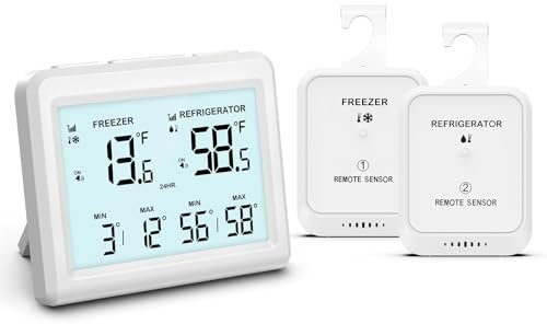 OQIMAX - Termómetro frigorífico, termómetro congelador con 2 sensores, MIN/MAX, ℃/℉, función alarma, alarma congelador, termómetro refrigerador, termómetro conectado para casa, cocina, bares