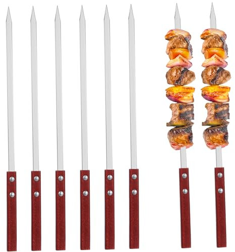 ANDRESLAD Lot De 6 Grandes Brochettes De Barbecue En Acier Inoxydable Avec Manche En Bois Pour Brochettes De Viande Plates Pour Kebab Pour Rôtir Et Griller