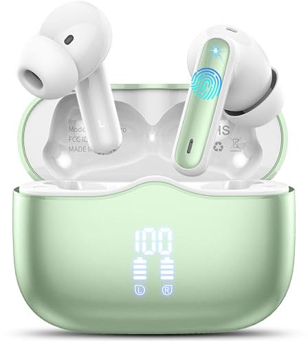 Écouteurs Bluetooth 5.4, Ecouteurs Bluetooth sans Fil avec ENC Réduction Antibruit Mic, 40H Hi-Fi Son Stéréo Durée de Lecture, Oreillette Sans Fil IP7 Étanche, Écran LED, Casque pour Android iOS, Vert