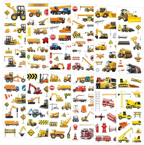 12 Blätter 3D Aufkleber Kinder, Auto Bagger Sticker für kinder & Kleinkinder, Fahrzeug Bagger Belohnungssticker,Moosgummi Selbstklebend Sticker für Kinder Jungen Party Kindergeburtstag Geschenke