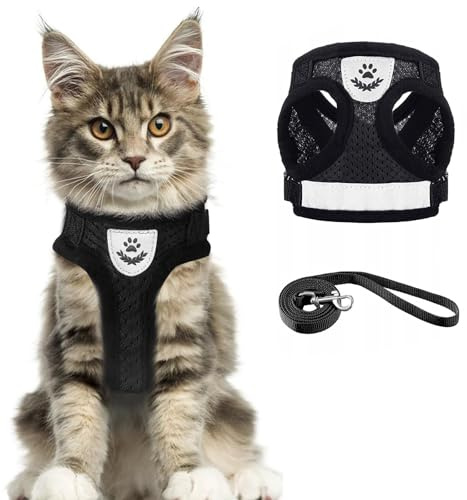 Set di pettorina e guinzaglio per gatti, set di pettorina e guinzaglio per cani, a prova di fuga, regolabile/leggero/morbido, per cani di piccola taglia (m, nero)