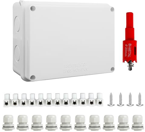 Scatola di Derivazione Impermeabile IP65 da Parete 150x110x70 mm, con 10 pressacavi M20 con guarnizione, inclusa sega a tazza da 20 mm, adatta per cavi Ø6–12 mm