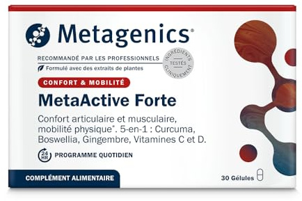 Metagenics MetaActive Forte, Curcuma Boswellia Gingembre, 30 Gélules | Association de curcumine, boswellia et gingembre. Aide à maintenir le confort et la souplesse de vos articulations.