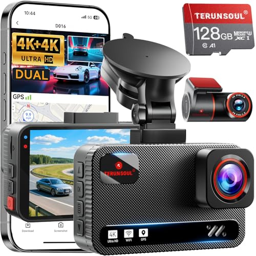 TERUNSOUl 4K+4K Dash Cam Front and Rear, Free 128GB Card Included, 5.8GHz WiFi Dash Camera for Cars, Built-in GPS, G-Sensor, 170°Wide Angle, 3 IPS Screen, 24H Parking Mode, Support 512GB Max