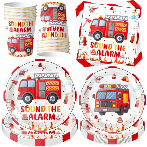 50 Stück Feuerwehrauto Partygeschirr Set,mit Pappteller Becher Servietten | Feuerwehr Geschirrset,Feuerwehrauto Geburtstag Deko,Partyzubehör Geschirr,für Geburtstag Partydeko Tischdeko für 10 Gäste