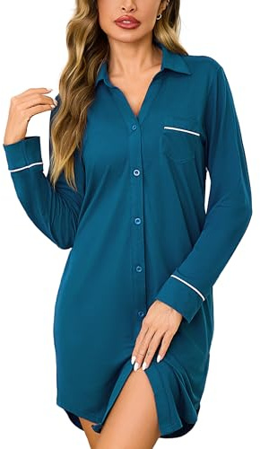 Bresdk Nachthemd Damen Langarm Baumwolle Schlafshirt mit Knopfleiste | Klassisches Hemddesign mit Umlegekragen, durchgehender Knopfleiste, aufgesetzter Brusttasche und edlen Kontrastpaspeln