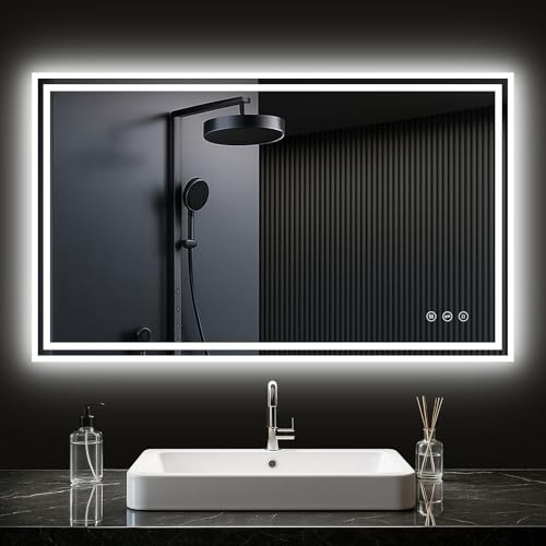 PESENXAN LED Badspiegel mit Beleuchtung, Beleuchteter Badezimmerspiegel mit 3 Lichtfarben, Dimmbar, Anti-Beschlag, Touch/Wandschalter, Wandspiegel mit Beleuchtung für horizontale/vertikale 100x60cm