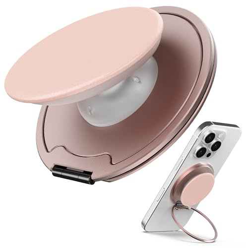 Sinjimoru Magnetic Phone Grip for MagSafe, Kick-Out Ring Stand, Pink | M-Tap Tok Ring Stand, soft silicone grip, Adjustable Kickstand for Portrait or Landscape, metal plate included