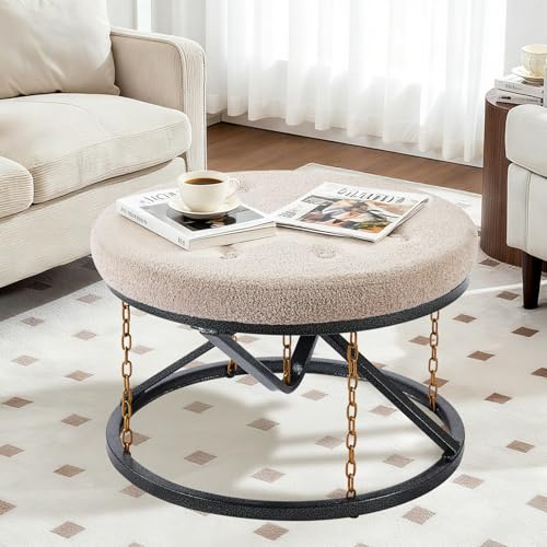 Round End Table with Fur Top, 24’’Floating Magic Ottoman,Robust Metal Frame with Chain Tension Structure, 3-in-1 Seat/Footrest/Coffee Table for Living Rooms, Bedrooms, and Lounge - Beige