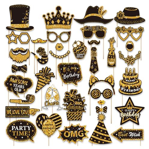 38 pezzi scatola fotografica accessori nero oro compleanno divertente accessori foto decorazione compleanno festa accessori decorazione selfie props per carnevale matrimonio Halloween Natale