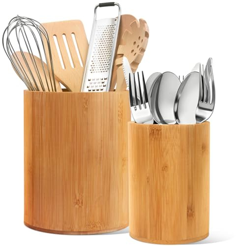 Bamboo Utensil Holder, 7.3+5.4 Set of 2 Utensil Holders for Kitchen Counter, Bamboo Spoon and Chopstick Organizer, Flatware, Spatula & Silverware Storage Containers, for Countertop & Pantry