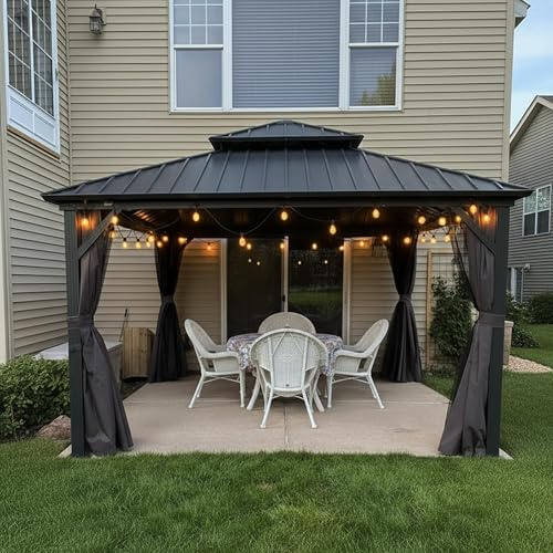 PURPLE LEAF Tonnelle de Jardin Extérieur 3,65 x 3,65 m avec Éclairage Intégré, Pavillon Aluminium à Double Toit en Acier Galvanisé, Pergola Jardin Extérieur avec Rideaux pour Fête, Barbecue, Gris