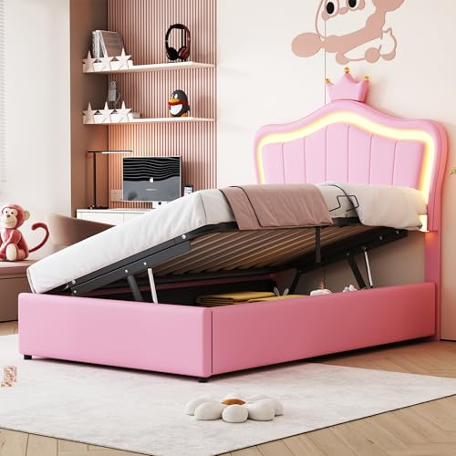 NNJN Polsterbett Kinderbett 90x200 cm, Mit Kronendesign, Mit LED-Beleuchtung, Hydraulisches Stauraumbett, Höhenverstellbares Kopfteil, Einzelhochboxbett mit Lattenrost, Kunstleder, Rosa