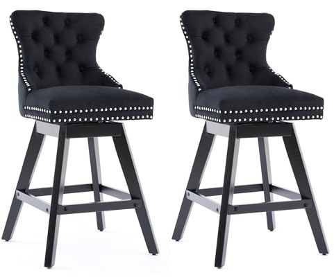 SEEDWAVE Juego de 2 taburetes de bar, de terciopelo, giratorios, asiento acolchado y patas de madera maciza, taburetes con reposapiés, remaches y diseño de botones, color negro