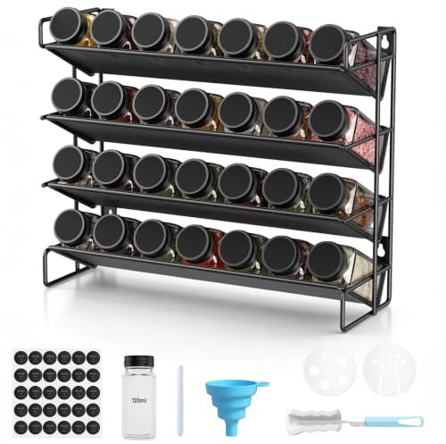 Juego de estantería para especias con tarros, 4 niveles, 28 piezas, metal negro, organizador de cocina, incluye 420 etiquetas para especias, embudo y cepillo, sistema de almacenamiento que ahorra