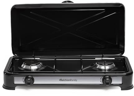 Fornello a Gas GPL 2 Minerva 2N Fuochi Nero da Campeggio Cucina Portatile Acciaio Smaltato con Coperchio Griglie Removibili Regolazione Fiamma per Esterno Campeggio Camper Giardino