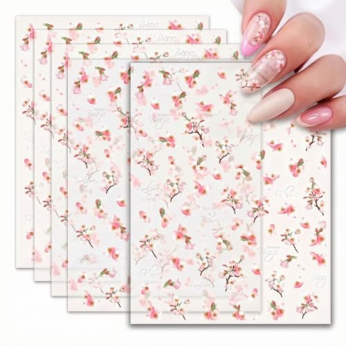Lot de 5 Feuilles Stickers Ongles 3D Fleurs de Cerisie | Autocollants Ongles Relief Autoadhésifs, Stickers Fleurs pour Nail Art et Déco Manucure