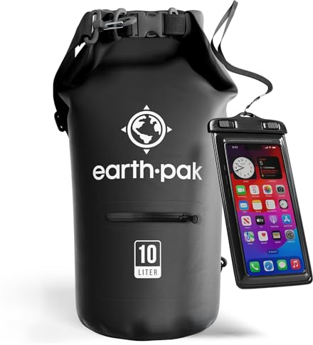 Wasserdichter Packsack 10L - Dry Bag mit Reißverschlusstasche und Rolltop | Dry Bag 10L in Schwarz: schwimmfähiger Trockensack mit Reißverschluss-Außentasche und IPX8-Handyhülle