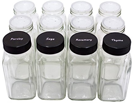 U-Pack 12 pieces of French Square Glass Spice Bottles 6 oz Spice Jars with Black Plastic Lids, Shaker Tops, and Labels by U-Pack